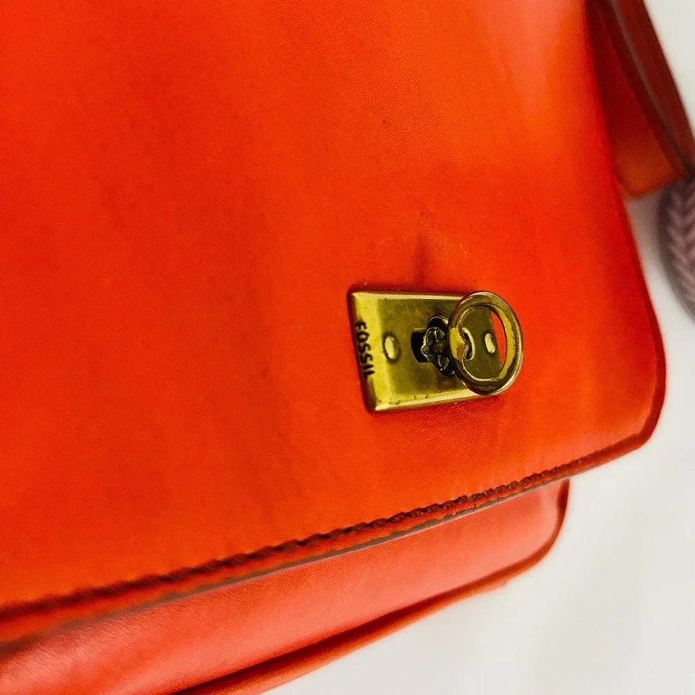 Fossil‎ Women's Memoir Small Flap Crossbody Bright Orange Leather Bag